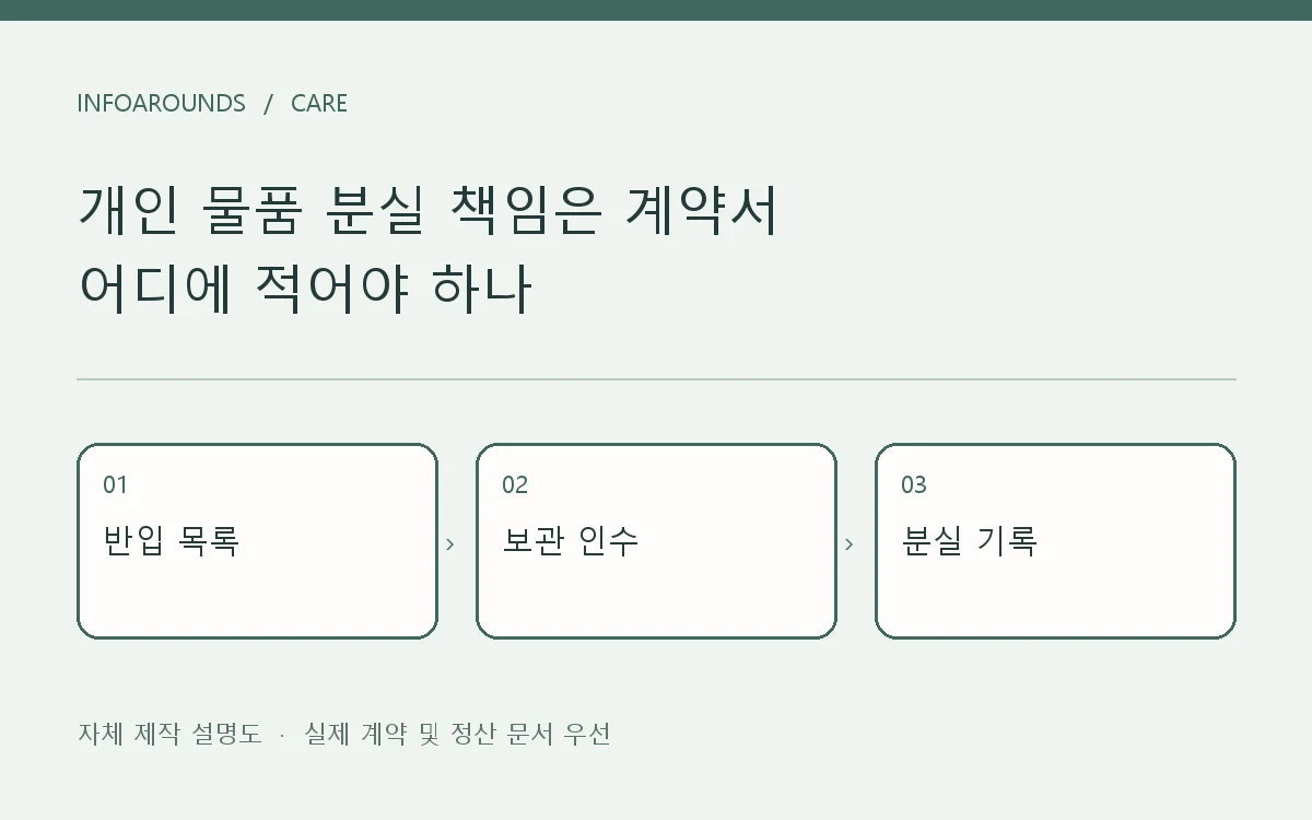반입 목록 → 보관 인수 → 분실 기록. 자체 제작 계약·정산 설명도