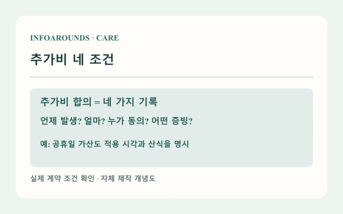 추가비 네 조건: 발생 조건, 금액 산식, 사전 동의. 실제 계약별 조건 확인